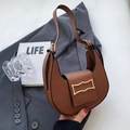 Brown faux leather crescent underarm bag with gold metal buckle and adjustable strap - Brown