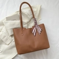 Caramel brown large capacity PU leather tote bag with stylish plaid scarf decoration - Brown