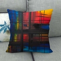 Close-up of abstract oil painting linen pillow cover with hidden zipper on a gray sofa - 45x45cm / Abstract Artistic Color Block Style (8)