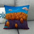 Detailed fabric texture of a rustic oil painting cushion cover with an autumn forest scene - 45x45cm / Golden Orange Autumn Forest Style (9)