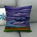 Close-up of artistic oil painting landscape print on textured linen cushion cover - 45x45cm / Purple Cloud Green Gold Field Style (15)