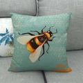 Close-up of linen pillowcase with hand-painted bumblebee on textured teal background - Cyan Blue Hand-drawn Wasp (3) / 18x18 Inch