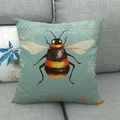Detail of linen pillowcase featuring a bumblebee print on a teal vintage background - Teal Hand-drawn Bee (5) / 18x18 Inch