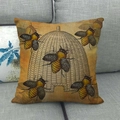 Detailed texture of linen cushion cover with retro bee and honeycomb illustrations - Ginger Yellow Vintage Honeycomb (14) / 18x18 Inch