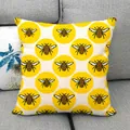Detailed view of yellow bee and honeycomb pattern on natural linen pillowcase fabric - Cream White Yellow Circle Bee (15) / 18x18 Inch