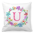 Peach skin pillowcase featuring floral wreath and pink letter U on white background - Watercolor Floral Wreath Letter U Style (21) / 45x45cm