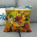 Linen pillow cover with cartoon country scenery featuring an autumn farm and barn - 45x45cm / Rural Farmhouse Landscape Style (1)