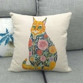 Leinen-Kissenbezug mit künstlerischer orangefarbener Katze und floralen Mustern - Ethno Orange Katze (3)