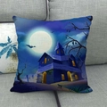 Detail of Halloween linen pillowcase featuring a haunted castle and moon on a gray sofa - Moonlight Castle Dried Tree (7) / 18x18 Inch