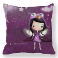 Cartoon girl cushion cover in purple theme with owl hat and floral stars illustration - 18x18 Inch / Purple Owl Girl (15)