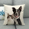 Linen square pillow cover featuring cat and dog prints on a cozy grey fabric sofa - Tabby Cat and Black White Dog