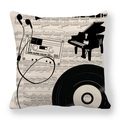 Detailed texture of linen cushion cover with black piano and vinyl record music prints - Vintage Record and Tape Style / Oatmeal
