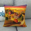 Linen cushion cover featuring a colorful pastoral oil painting with a red barn - 45x45cm / Sunset Farm Oil Painting Style (4)