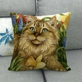 Linen pillow cover featuring hand-painted ginger cat illustration in floral garden - Blue Flowers Orange Cat Style (5)