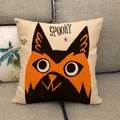Close-up of linen Halloween pillowcase with cartoon spooky cat on a gray sofa - 18x18 Inch / Cream Cartoon Cat Spooky Style (8)