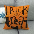 Detail of Halloween linen pillowcase with Trick or Treat print on a grey sofa - 18x18 Inch / Orange Cat Pumpkin Trick or Treat Style (15)