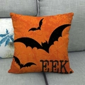 Detail of orange linen Halloween pillowcase with black bats and EEK text on sofa - 18x18 Inch / Orange Bat EEK Style (11)