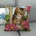 Linen pillow cover featuring a cute tabby cat on a fence with pink flowers - Wooden Fence Tabby Cat Style (6)