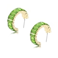 Detail showing gold C-shaped earrings with emerald green rectangular glass stones - Apple Green