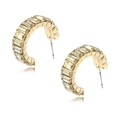 Detail of C-shaped gold earrings with baguette-cut light yellow gems on white background - Orange