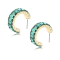 Detail showing gold C-shaped earrings set with emerald green baguette-cut crystals - Verdant