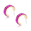 Detail of C-shaped gold-tone earrings featuring channel-set pink-purple rectangular crystals - Rose Purple