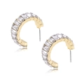 Detail of baguette-cut zircons set in a golden C-shaped earring on a white background - Transparent Crystal