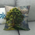 Linen cushion cover with green tree oil painting design on a textured gray sofa - 45x45cm / Lush Tree Artistic Signature Style (10)