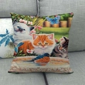 Linen cushion cover featuring cute kittens and birds in a garden scenery on a sofa - Water Basin Bird Kittens Style (10)
