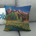 Linen throw pillow cover with cartoon landscape oil painting of snowy mountains and cottage - 45x45cm / Snow Mountain Cabin Stream Style (12)
