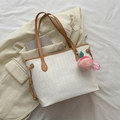Quilted white PU leather tote bag with brown handles and a cute peach plush charm - With Pendant Style / Khaki