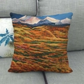 Linen throw pillow cover featuring cartoon autumn mountain oil painting scenery - 45x45cm / Late Autumn Snow Mountain Style (13)