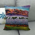 Pastel cartoon landscape oil painting linen cushion cover with sunset mountains - 45x45cm / Sunset Afterglow White Flower Forest Style (14)