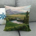 Pastel cartoon oil painting linen cushion cover featuring mountain and river landscape - 45x45cm / Winding River Yellow Flower Grassland Style (17)