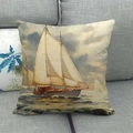 Linen cushion cover with vintage cartoon oil painting featuring a sailing ship - 45x45cm / Vintage Sailboat Ocean Sailing Style (18)