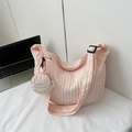 Light pink puff textured tote bag with large capacity and matching small fashion coin purse - Pink