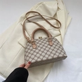 Klassische Monogramm-Muscheltasche in Beige und Braun mit verstellbarem Leder-Schultergurt - Khaki