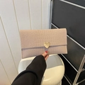 Beige crocodile embossed envelope clutch bag with gold heart clasp for women - Khaki