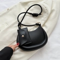 Minimalist black crescent hobo bag with round shoulder strap and small pouch attachment - Black