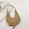 Khaki crescent moon bag with matelassé pleated texture and elegant metal zip detail - Khaki
