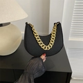 Black crocodile embossed half-moon hobo bag with thick gold metal chain strap - Black