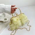 Retro light green tweed shell handbag with mesh bow and pearl charms for women - Yellow