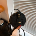 Chic black round handbag in crocodile pattern PU leather with gold metal accents - Black