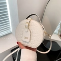 White circular crossbody bag with crocodile texture and gold hardware details - White