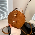 Brown circular crossbody bag with retro checkered embossing and gold metal details - Brown