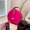 Elegant rose red round handbag with diamond lattice pattern and golden hardware strap - Rose Red