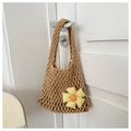 Close-up of handmade woven mesh tote bag with a yellow plaid floral ornament - Khaki With Pendant