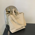 Borsa tote in tela beige con scritte fashion e tracolla regolabile rimovibile - Cachi