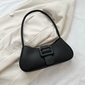 Borsa baguette vintage nera minimalista in pelle opaca con fibbia quadrata decorativa - Nero