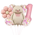 Detail von mattem Bären und rosa Gänseblümchen Ballon Set mit großer Nummer 1 für Babyparty - Retro Matte Bär Set (1 Jahr Alt)